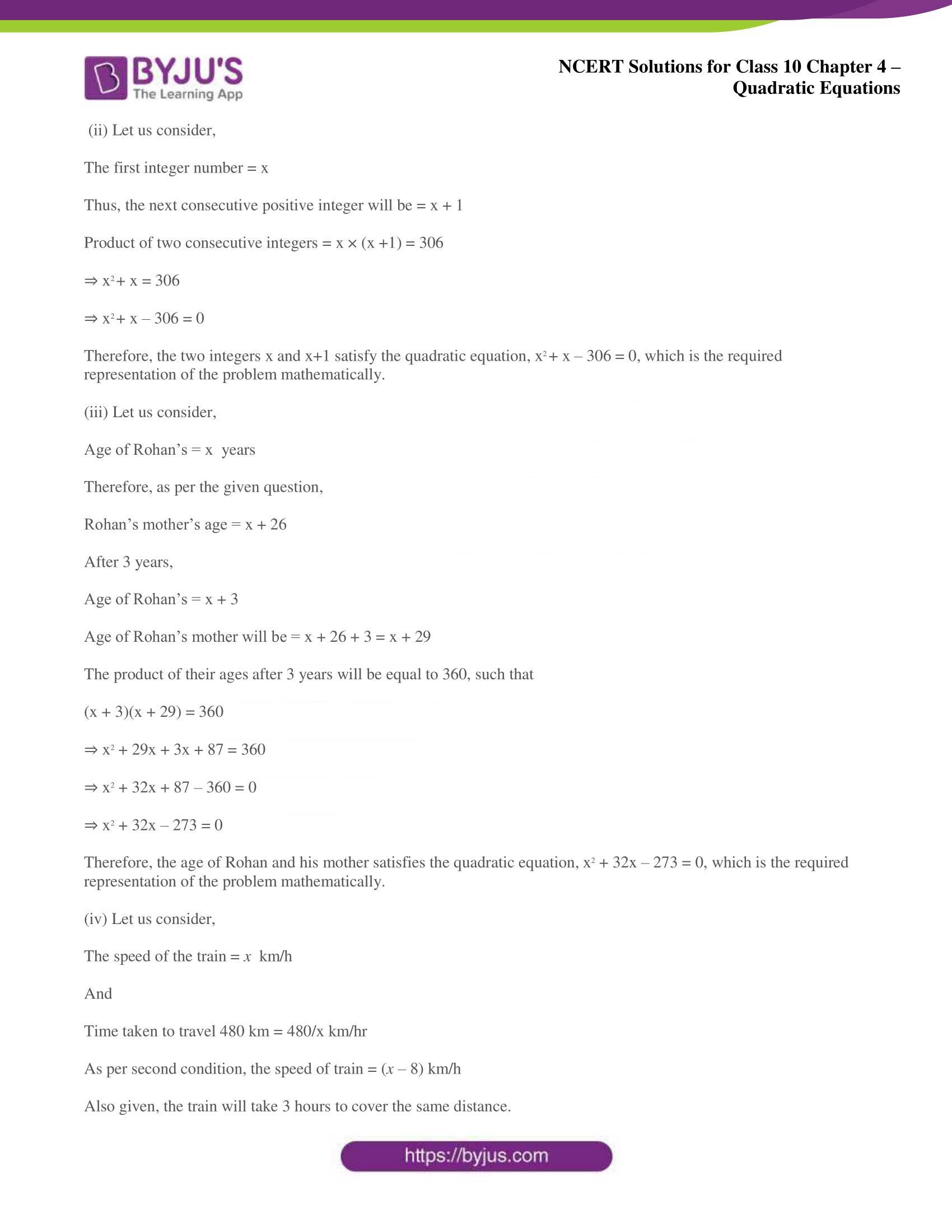 NCERT Solutions for Class 10 Maths Chapter 4 Quadratic Equations