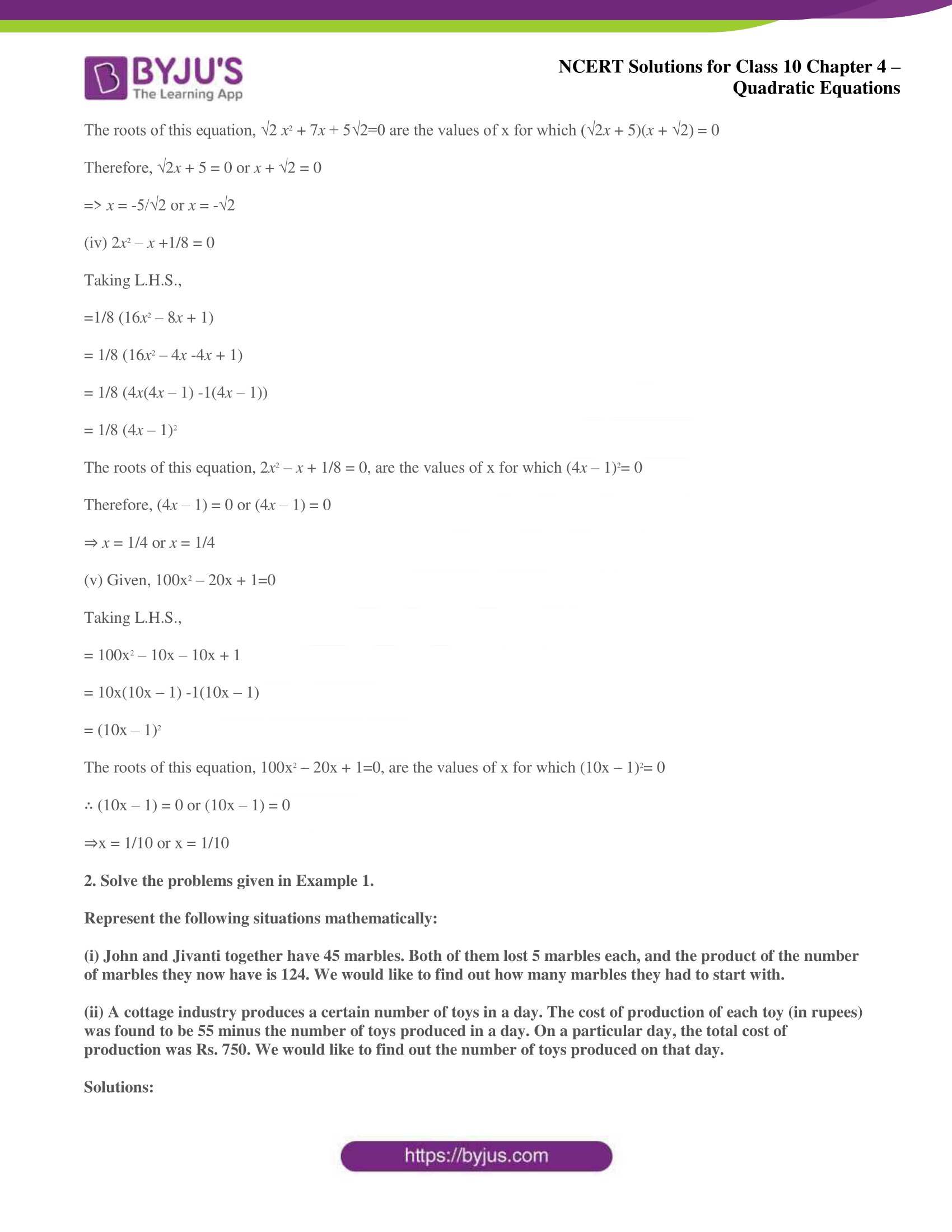 NCERT Solutions for Class 10 Maths Chapter 4 Quadratic Equations