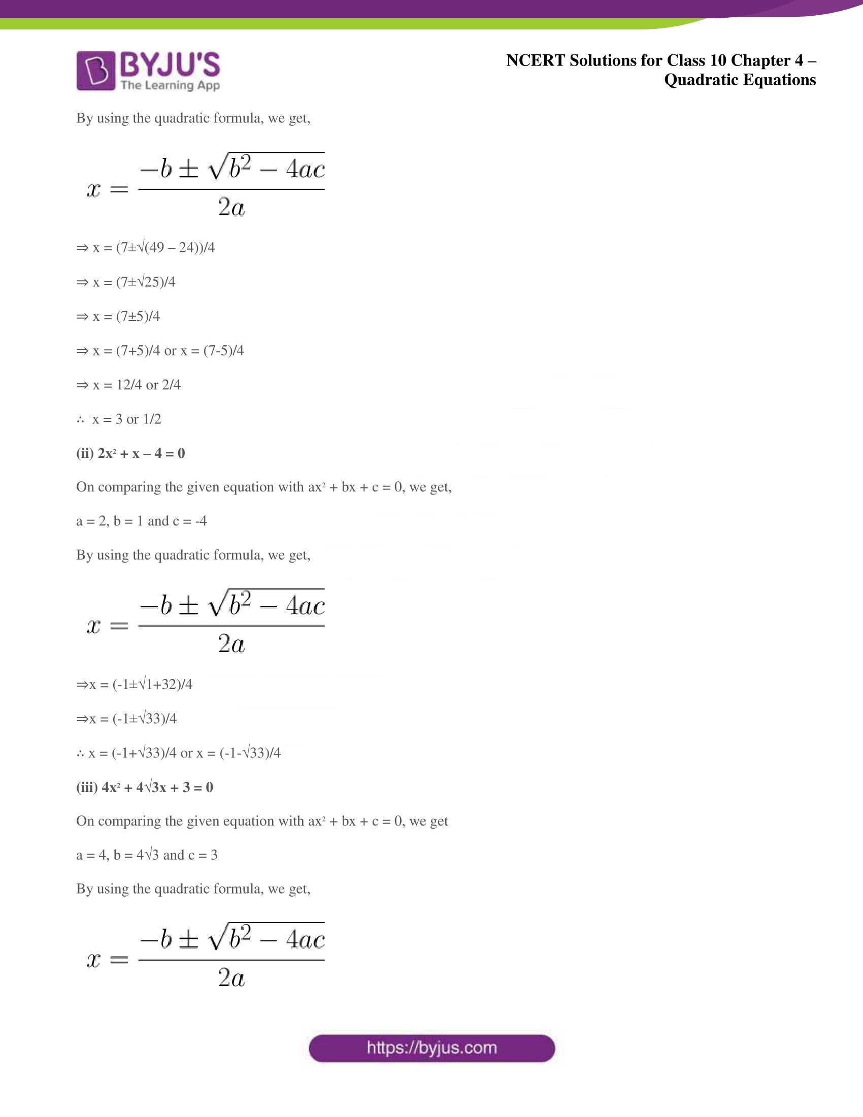 NCERT Solutions for Class 10 Maths Chapter 4 Quadratic Equations