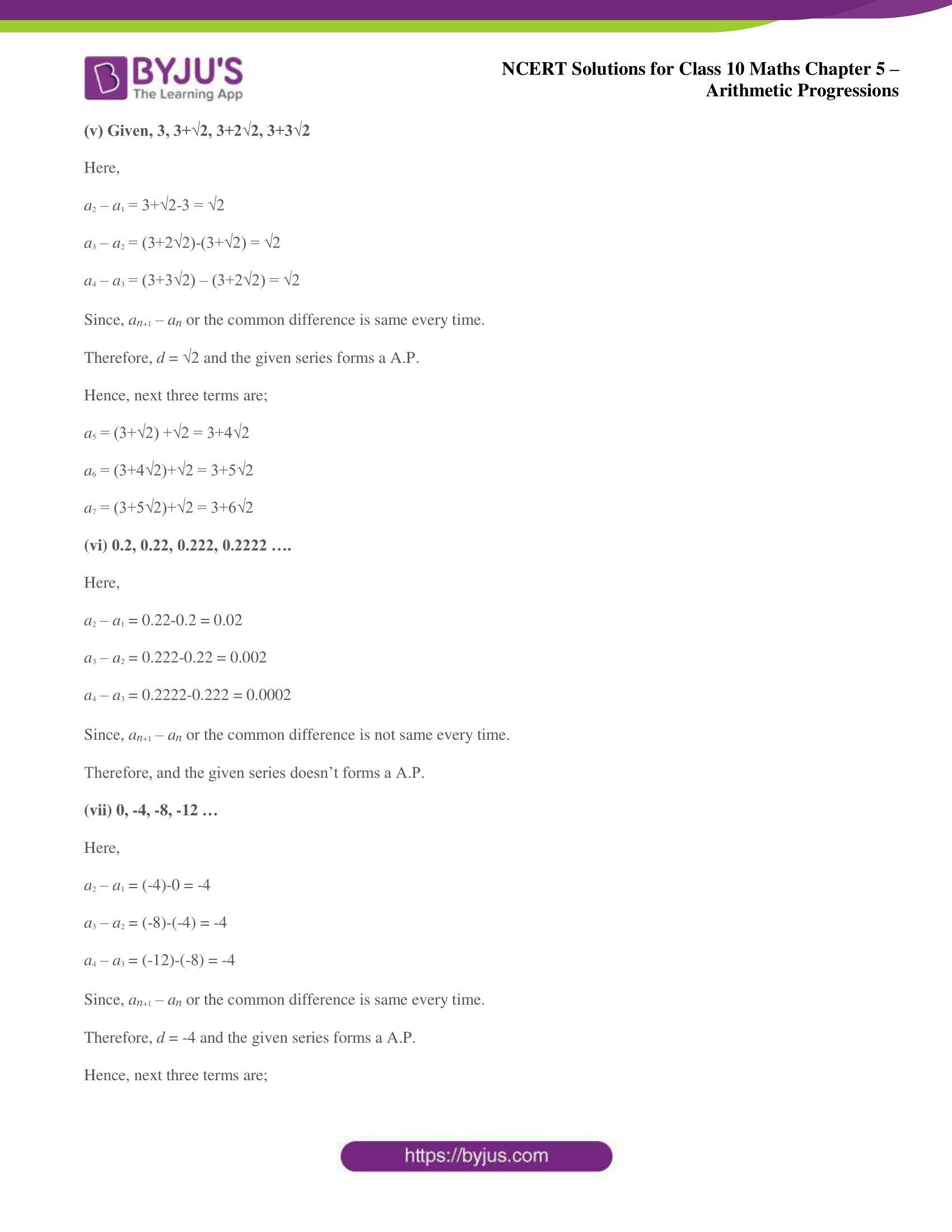 NCERT solutions for Class 10 Maths chapter 5 Arithmetic Progression