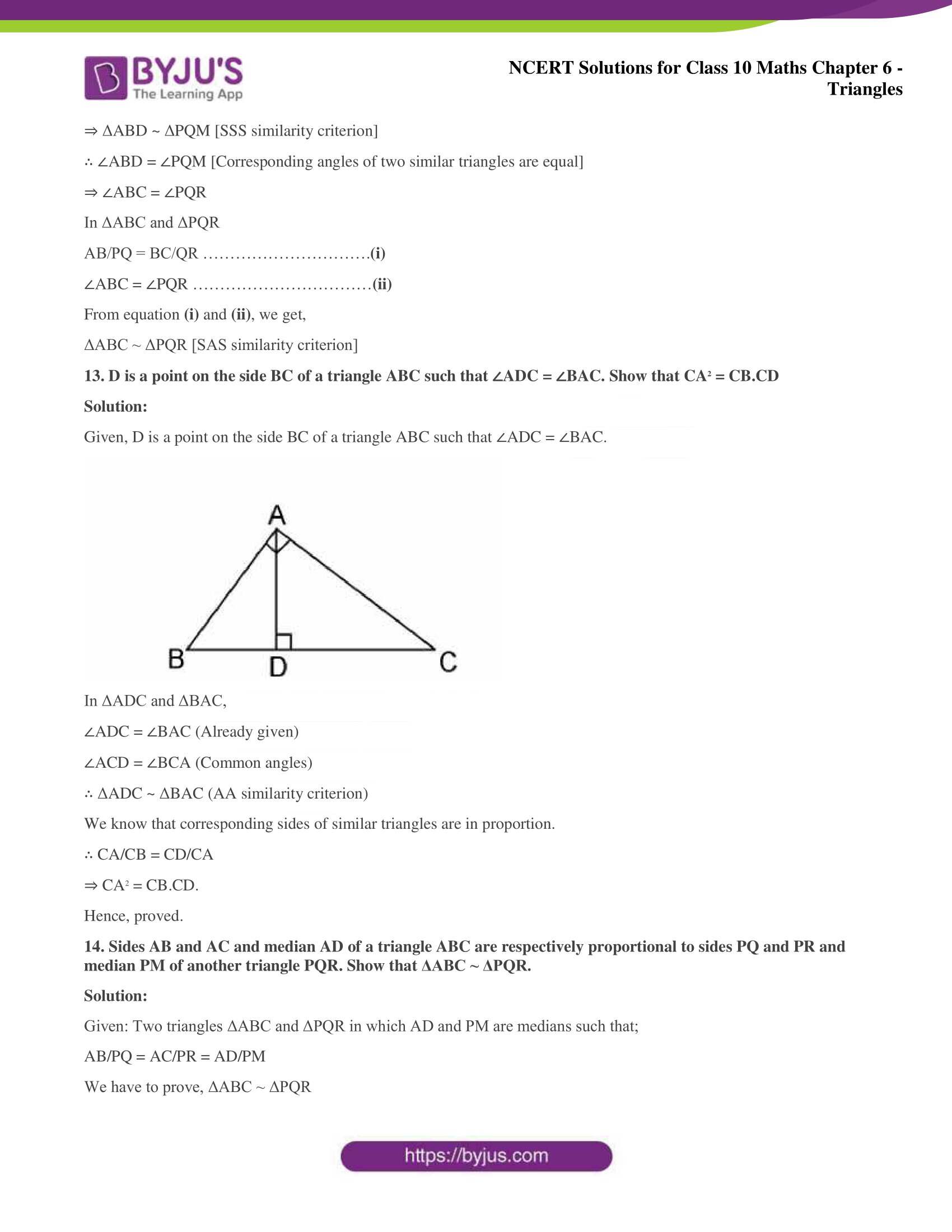 NCERT Solutions for Class 10 Maths Chapter 6 Triangles