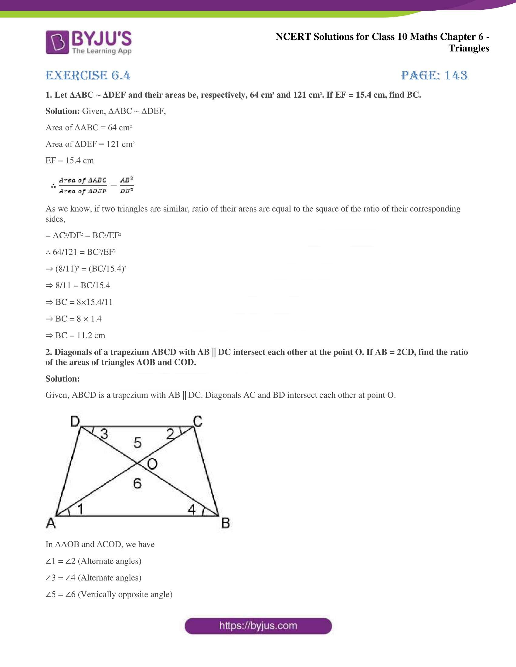 NCERT Solutions for Class 10 Maths Chapter 6 Triangles